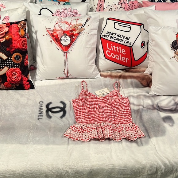 XS STRETCHY RED GIGHAM SIM & SAM SPAGHETTI TOP SHIRT PICNIC DATE WORK 4thofJuly! - Picture 8 of 10